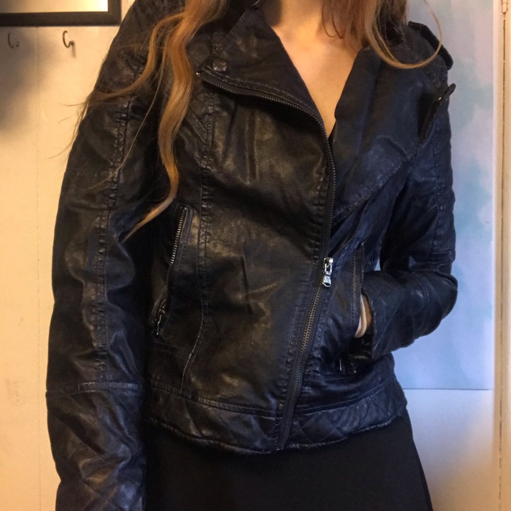 Guess NWOT Faux Leather Blue Black Moto Jacket